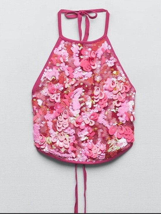 Zara Tops - NWT Zara Hot Pink Sequin Halter Crop Top Limited Edition Women's Medium / Large